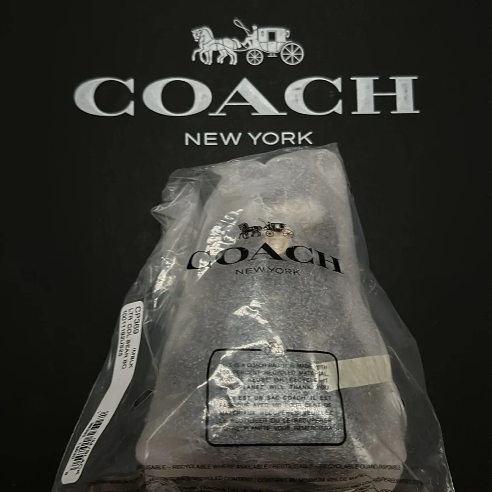 NWT Coach Bear Bag Charm Black Leather Purse Keychain FOB Canvas Signature - Picture 3 of 6